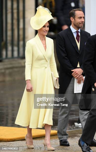 Pippa Middleton departs Westminster Abbey after the Coronation of King Charles III and Queen Camilla on May 06, 2023 in London, England. The...