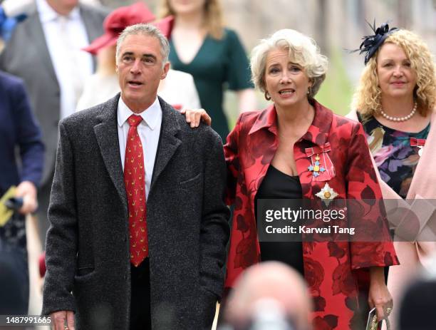 Greg Wise and Emma Thompson arrive at Westminster Abbey for the Coronation of King Charles III and Queen Camilla on May 06, 2023 in London, England....