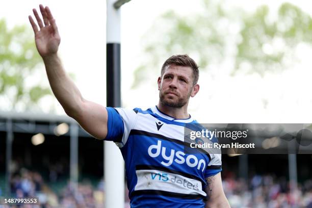 Dave Attwood of Bath Rugby acknowledges the fans after making their final career appearance during the Gallagher Premiership Rugby match between Bath...