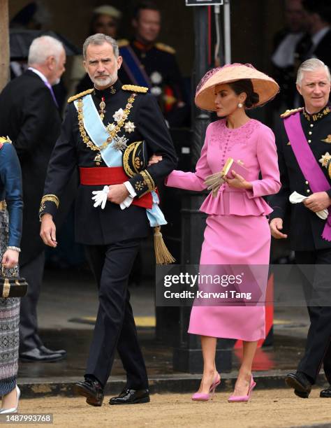 King Felipe of Spain and Queen Letizia of Spain arrive at Westminster Abbey for the Coronation of King Charles III and Queen Camilla on May 06, 2023...