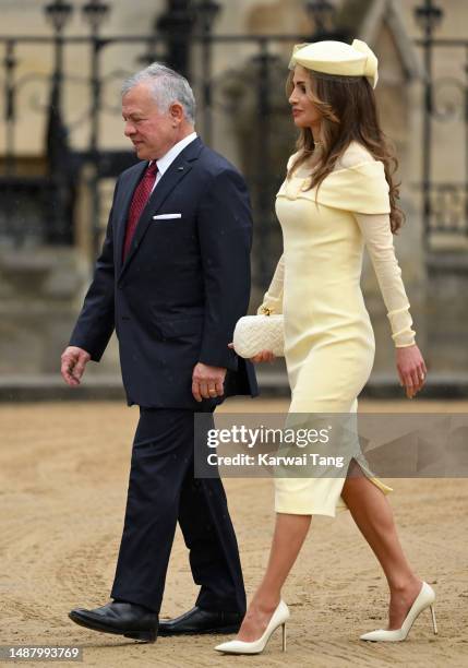 King Abdullah II of Jordan and Queen Rania of Jordan arrive at Westminster Abbey for the Coronation of King Charles III and Queen Camilla on May 06,...