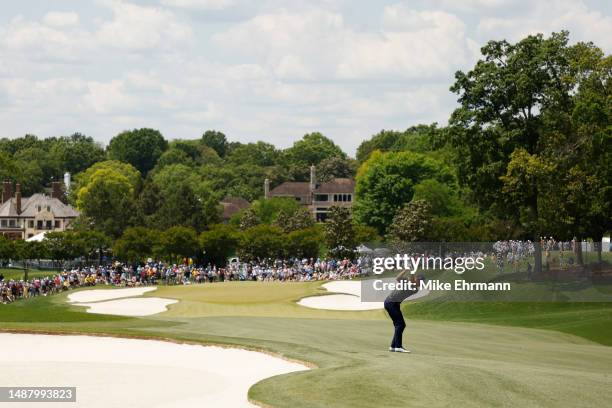 Justin Thomas of the United States plays a shot on the first hole during the third round of the Wells Fargo Championship at Quail Hollow Country Club...