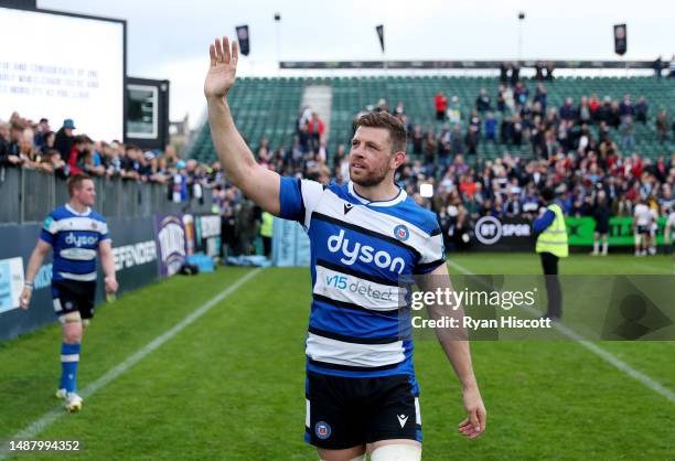 Dave Attwood of Bath Rugby acknowledges the fans after making their final career appearance during the Gallagher Premiership Rugby match between Bath...