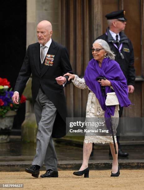 Margarita Saxe-Coburg-Gotha and Simeon Saxe-Coburg-Gotha arrive at Westminster Abbey for the Coronation of King Charles III and Queen Camilla on May...