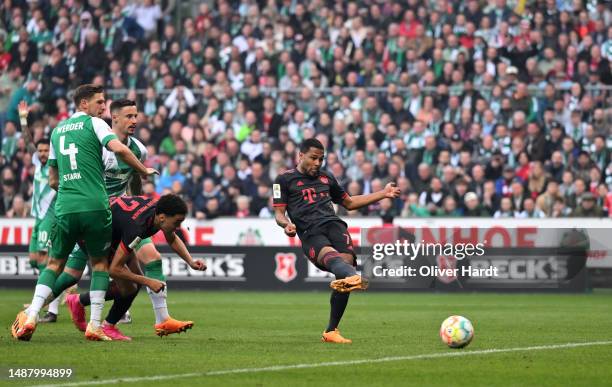 Serge Gnabry of FC Bayern Munich scores their sides first goal during the Bundesliga match between SV Werder Bremen and FC Bayern München at...