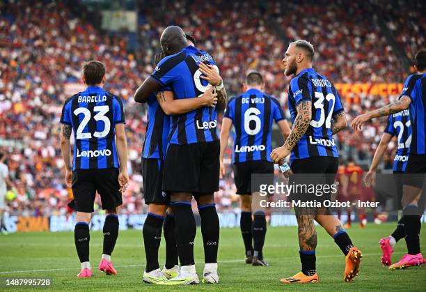 Romelu Lukaku of FC Internazionale celebrates after scoring the goal during the Serie A match between AS Roma and FC Internazionale at Stadio...