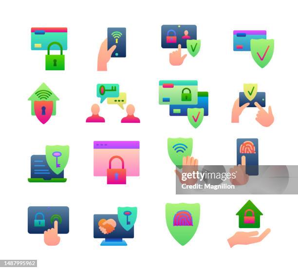 digital security flat gradient icons set - authentication-icon stock illustrations