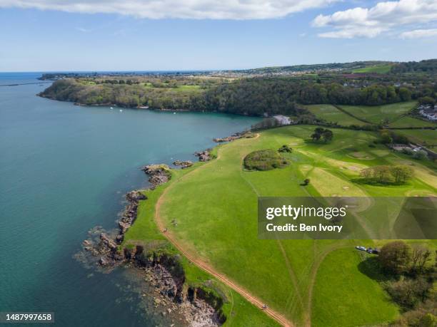 aerial view of south west coast path between brixham and paignton, south devon - paignton imagens e fotografias de stock