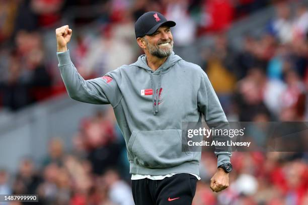 Juergen Klopp, Manager of Liverpool, celebrates following their sides victory after the Premier League match between Liverpool FC and Brentford FC at...