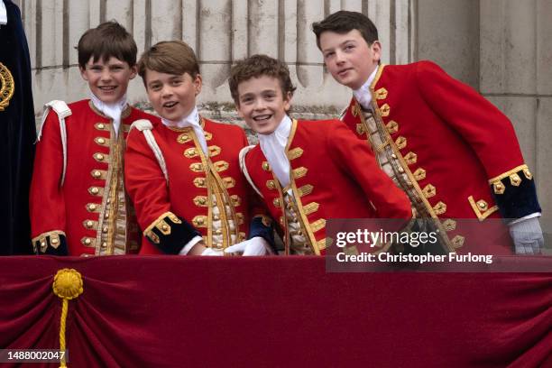 Page of Honour Lord Oliver Cholmondeley, Prince George of Wales, Page of Honour Nicholas Barclay and Page of Honour Ralph Tollemache are seen on the...