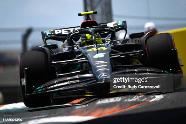 Lewis Hamilton of Great Britain driving the Mercedes AMG Petronas F1 Team W14 on track during final practice ahead of the F1 Grand Prix of Miami at...