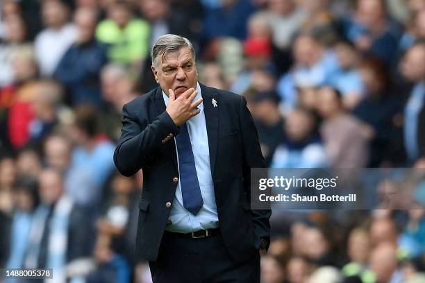 Sam Allardyce, Manager of Leeds United, reacts during the Premier League match between Manchester City and Leeds United at Etihad Stadium on May 06,...