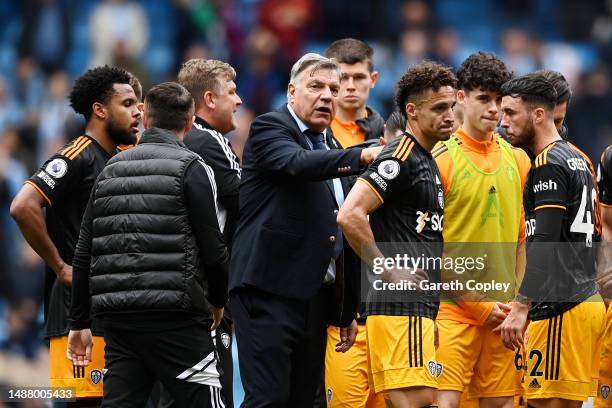 Sam Allardyce, Manager of Leeds United, interacts with their side after defeat in the Premier League match between Manchester City and Leeds United...