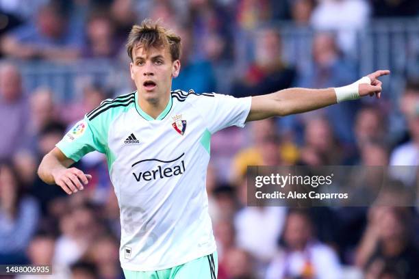 Pablo Ibanez of CA Osasuna gestures during the LaLiga Santander match between FC Barcelona and CA Osasuna at Spotify Camp Nou on May 02, 2023 in...