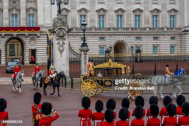 King Charles III and Queen Camilla traveling in the Diamond Jubilee Coach during the Coronation of King Charles III and Queen Camilla on May 06, 2023...