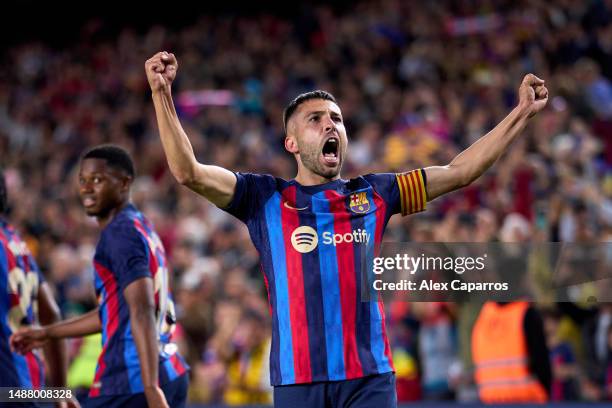 Jordi Alba of FC Barcelona celebrates after scoring his team's first goal during the LaLiga Santander match between FC Barcelona and CA Osasuna at...