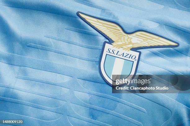 Lazio logo is seen during the Serie A match between AC MIlan and SS Lazio at Stadio Giuseppe Meazza on May 06, 2023 in Milan, Italy.