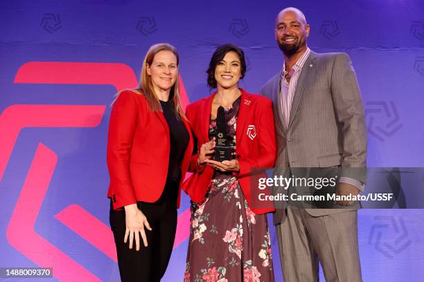 Hope Solo is inducted into the National Soccer Hall of Fame alongside her husband Jerramy Stevens and Cynthia Parlow Cone at Toyota Stadium on May...