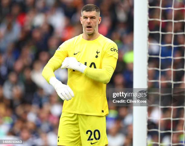 Fraser Forster looks on during the Premier League match between Tottenham Hotspur and Crystal Palace at Tottenham Hotspur Stadium on May 06, 2023 in...