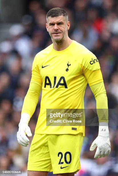 Fraser Forster looks on during the Premier League match between Tottenham Hotspur and Crystal Palace at Tottenham Hotspur Stadium on May 06, 2023 in...