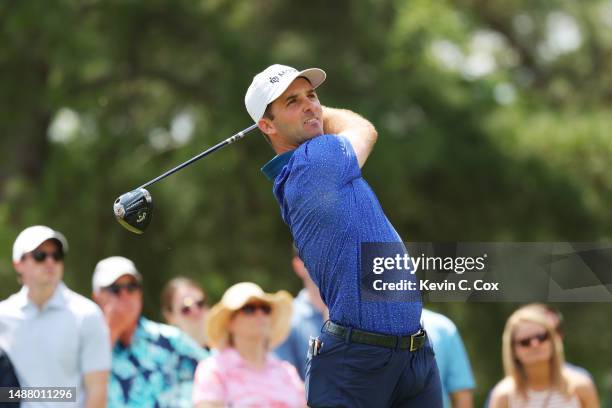 Denny McCarthy of the United States plays his shot from the third tee during the third round of the Wells Fargo Championship at Quail Hollow Country...