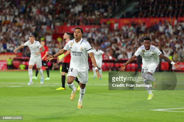 Rodrygo of Real Madrid celebrates after scoring the team's first goal during the Copa del Rey Final match between Real Madrid and CA Osasuna at...