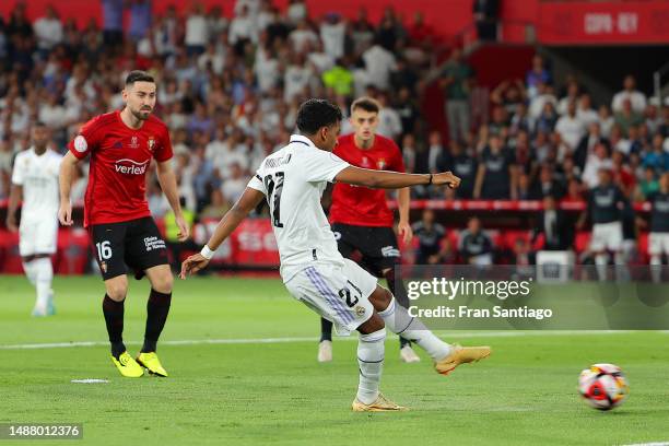 Rodrygo of Real Madrid scores the team's first goal during the Copa del Rey Final match between Real Madrid and CA Osasuna at Estadio de La Cartuja...