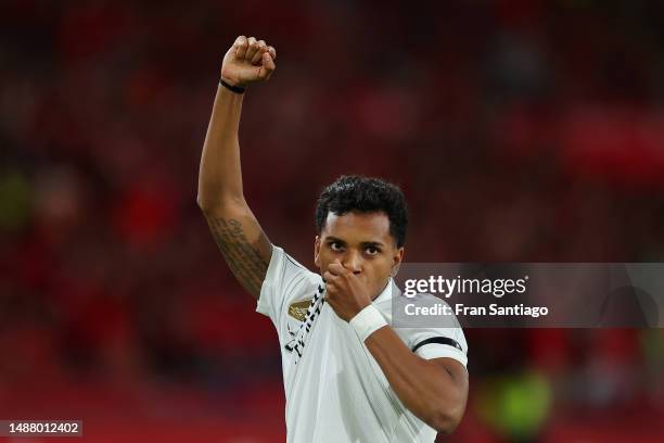 Rodrygo of Real Madrid celebrates after scoring the team's first goal during the Copa del Rey Final match between Real Madrid and CA Osasuna at...