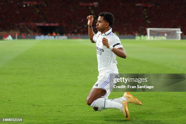 Rodrygo of Real Madrid celebrates after scoring the team's first goal during the Copa del Rey Final match between Real Madrid and CA Osasuna at...
