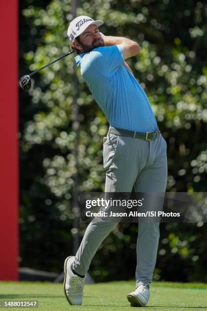 Cameron Young of the United States plays his shot from the tee on hole during Round Three at the Wells Fargo Championship at Quail Hollow Club on May...
