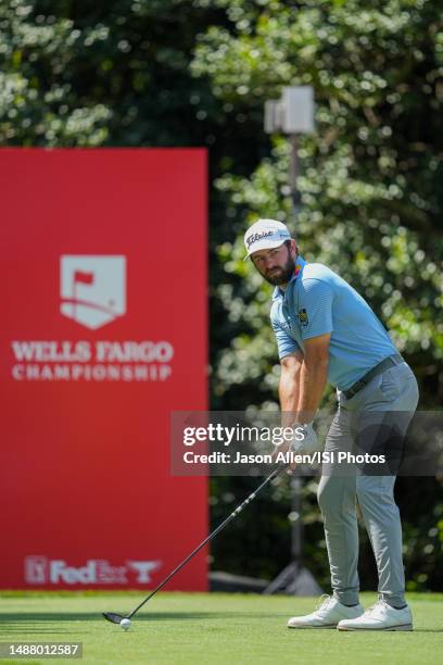 Cameron Young of the United States plays his shot from the tee on hole during Round Three at the Wells Fargo Championship at Quail Hollow Club on May...