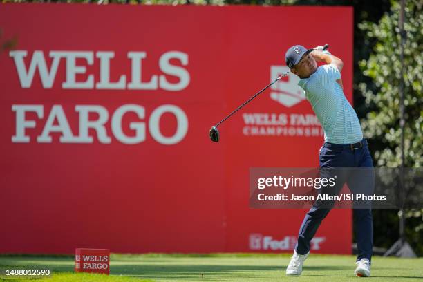 Justin Suh of the United States plays his shot from the tee on hole during Round Three at the Wells Fargo Championship at Quail Hollow Club on May 6,...