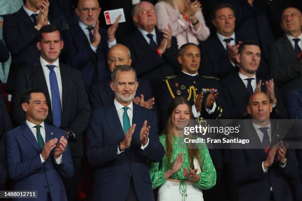 Felipe VI of Spain and Luis Rubiales, President of Royal Spanish Football Federation and Infanta Sofía look on prior to the Copa del Rey Final match...