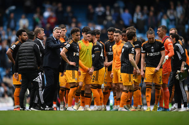 Sam Allardyce, Manager of Leeds United, interacts with their side after the Premier League match between Manchester City and Leeds United at Etihad...