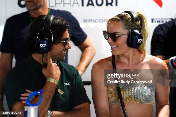 Lindsey Vonn watches the action in the Scuderia AlphaTauri garage during qualifying ahead of the F1 Grand Prix of Miami at Miami International...