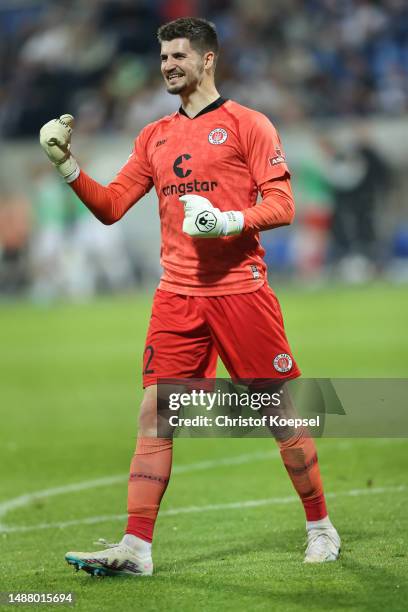 Nikola Vasilj of FC St. Pauli celebrates after winning 3-0 the Second Bundesliga match between SV Darmstadt 98 and FC St. Pauli at Merck-Stadion am...