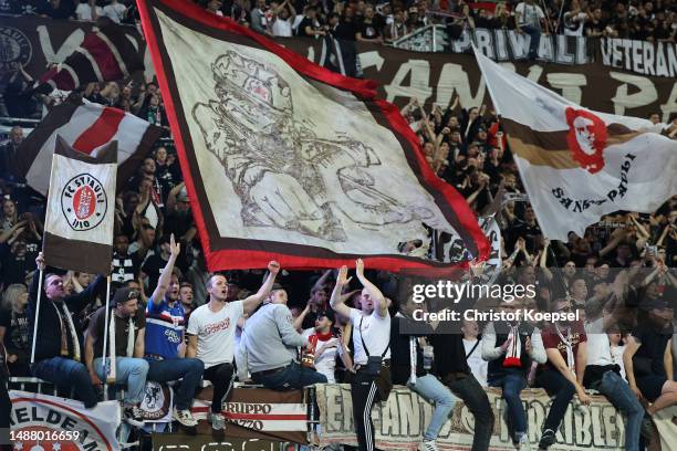 Fans of FC St. Pauli celebrate after the Second Bundesliga match between SV Darmstadt 98 and FC St. Pauli at Merck-Stadion am Boellenfalltor on May...