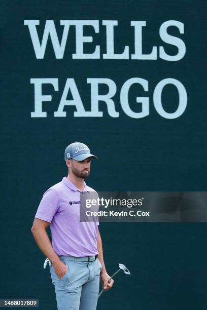 Wyndham Clark of the United States looks on over the 15th green during the third round of the Wells Fargo Championship at Quail Hollow Country Club...
