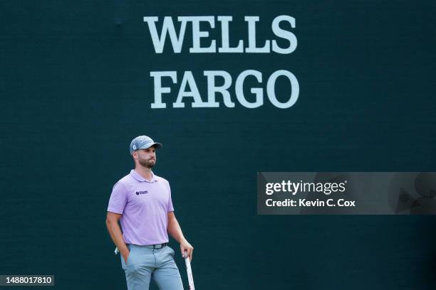 Wyndham Clark of the United States looks on over the 15th green during the third round of the Wells Fargo Championship at Quail Hollow Country Club...