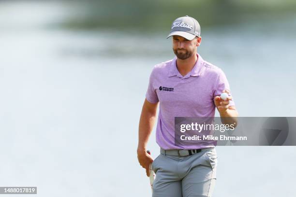 Wyndham Clark of the United States reacts on the 14th green during the third round of the Wells Fargo Championship at Quail Hollow Country Club on...