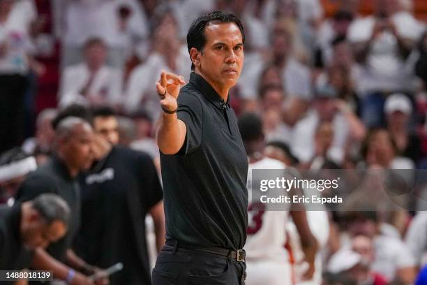 Head Coach Erik Spoelstra of the Miami Heat signals to his team during game three of the Eastern Conference Semifinals against the New York Knicks at...