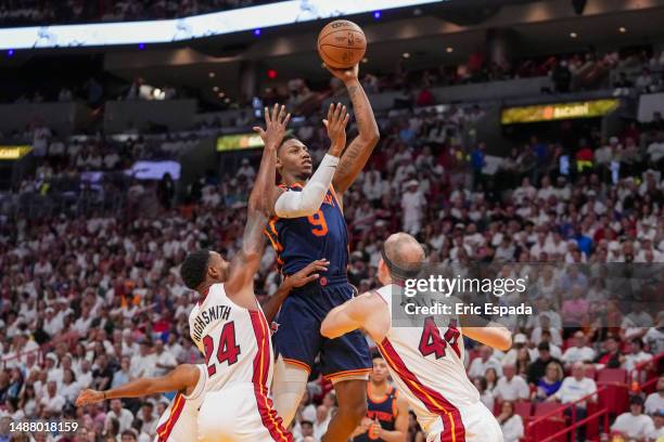 Barrett of the New York Knicks shoots a jump shot during game three of the Eastern Conference Semifinals against the Miami Heat at Kaseya Center on...