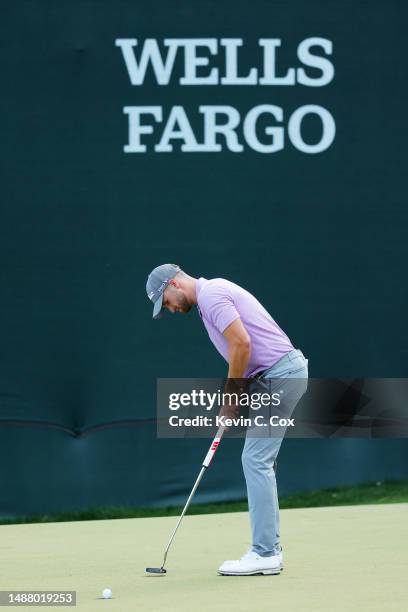 Wyndham Clark of the United States putts on the 15th green during the third round of the Wells Fargo Championship at Quail Hollow Country Club on May...