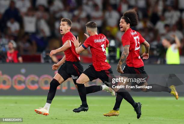 Lucas Torro of CA Osasuna celebrates after scoring the team's first goal with teammates during the Copa del Rey Final match between Real Madrid and...