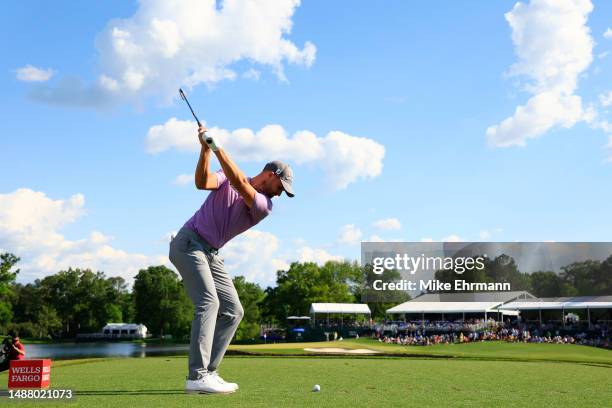 Wyndham Clark of the United States plays his shot from the 17th tee during the third round of the Wells Fargo Championship at Quail Hollow Country...
