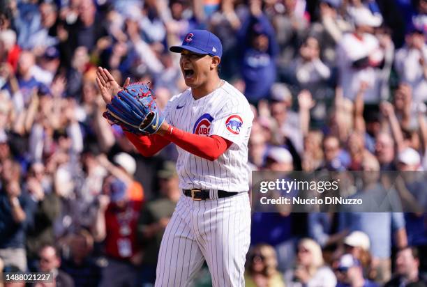 Adbert Alzolay of the Chicago Cubs reacts at the end of his team win over the Miami Marlins at Wrigley Field on May 06, 2023 in Chicago, Illinois....