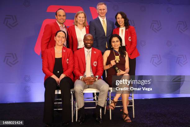 Hall of Fame Inductees, Landon Donovan, Jill Ellis, Eric Wahl, Kate Sobrero Markgraf, Lauren Cheney Holiday, DaMarcus Beasley and Celine Gounder pose...