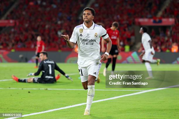 Rodrygo of Real Madrid celebrates after scoring the team's second goal during the Copa del Rey Final match between Real Madrid and CA Osasuna at...