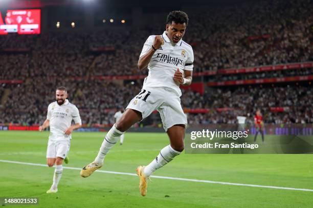 Rodrygo of Real Madrid celebrates after scoring the team's second goal during the Copa del Rey Final match between Real Madrid and CA Osasuna at...