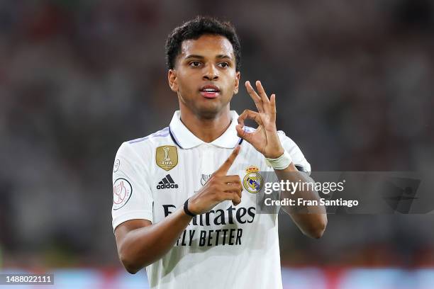 Rodrygo of Real Madrid celebrates after scoring the team's second goal during the Copa del Rey Final match between Real Madrid and CA Osasuna at...